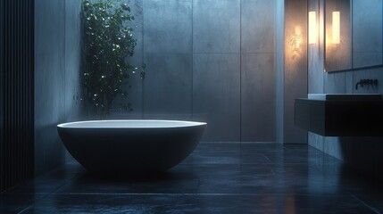Modern bathroom interior with free-standing tub and plants