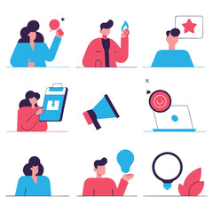 Business people icons set vector illustration depicts a team of professionals at work in an office environment