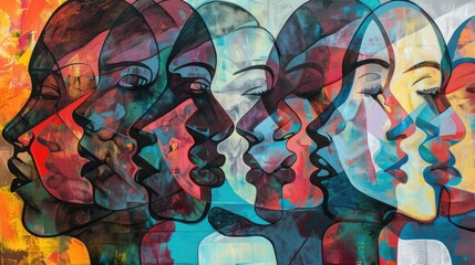 Obraz premium Colorful abstract human profiles overlapping in vibrant colors: diversity, psychology concept background in contemporary art style