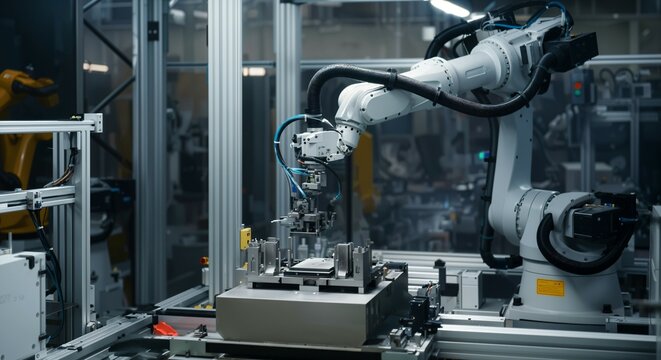 Robotic arm assembling a product in a factory, automation and robotics.