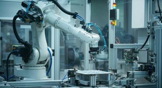 Robotic arm assembling a product in a factory, automation and robotics.