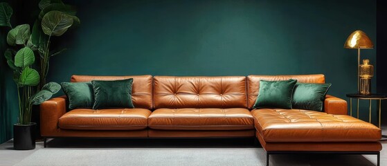 Minimalist living room showcasing cognac leather sofa against deep teal wall