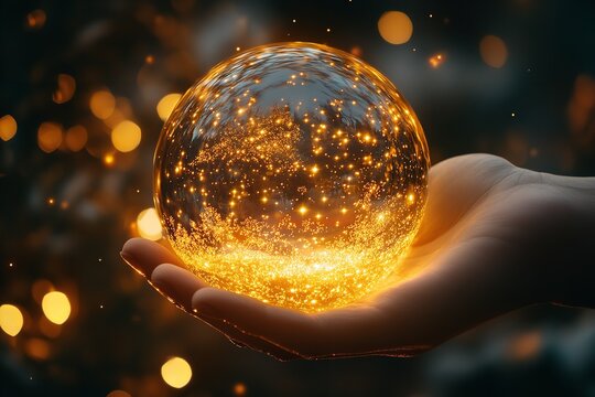 In the digital age of reviews and ratings, consumers' thoughts and experiences are visually represented by stars in this magical hand-held starry light globe with warm bokeh glow. Generative Ai
