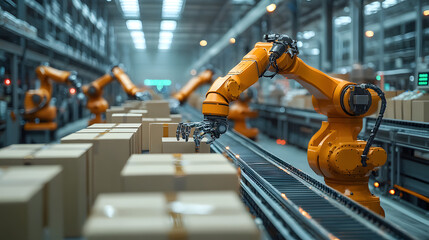 Automated Warehouse with Robotic Arms Handling Packages on a Conveyor System