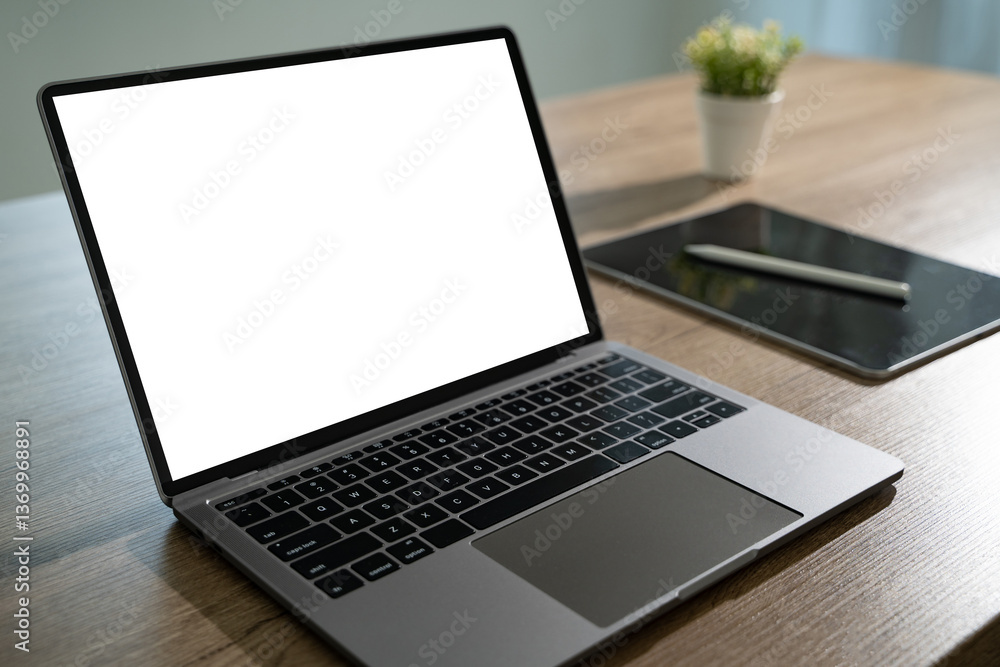 Poster laptop with blank screen on table. workspace background new project on laptop computer with blank co