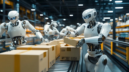 Automated Warehouse with Robotic Arms Handling Packages on a Conveyor System