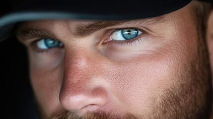 Naklejka premium Close-up of a man's intense, piercing blue eyes and facial features