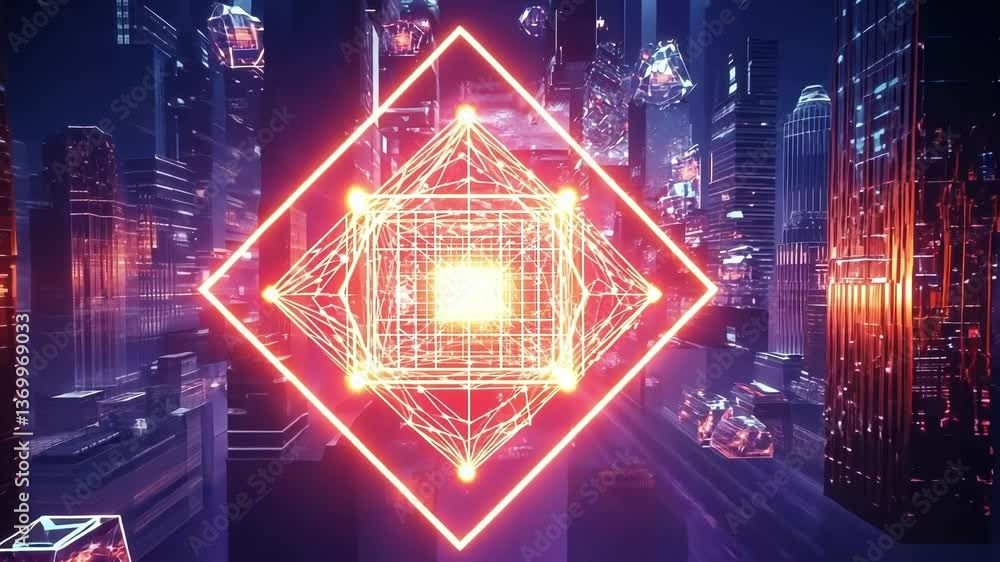 Aufkleber complex geometric shapes emitting vibrant light float within a futuristic cyberspace corridor, creat
