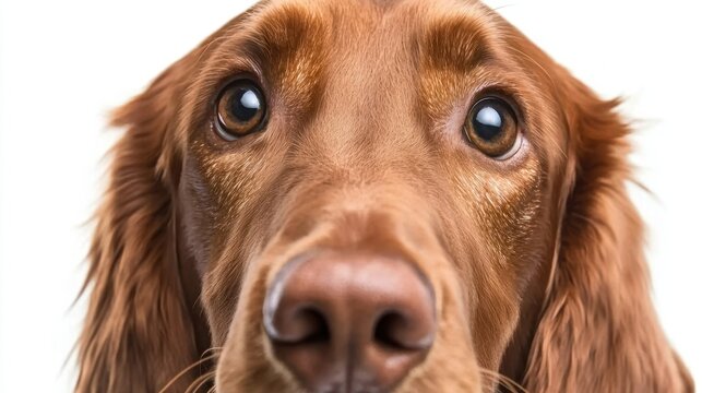 Close-up of a gentle and kindhearted Irish Setter with a red coat, isolated on white.