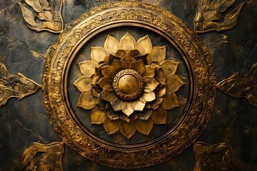Obraz premium A decorative golden lotus design on a dark, textured background. Concept Golden Lotus Art, Dark Textured Background, Elegant Decor Design, Spiritual Symbolism, Luxurious Aesthetics