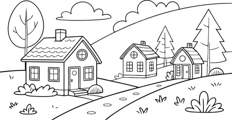 Vector illustration of a house in the forest with rural landscape and village design coloring page