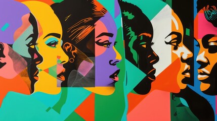 Geometric pop art human faces expressing vibrant emotions in abstract colorful composition. Diversity, psychology concept background