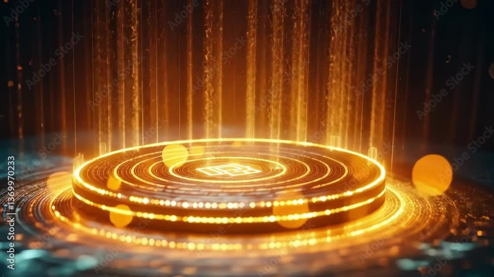 Poster golden data stream falling on a futuristic podium, illuminating a central processing unit, creating 