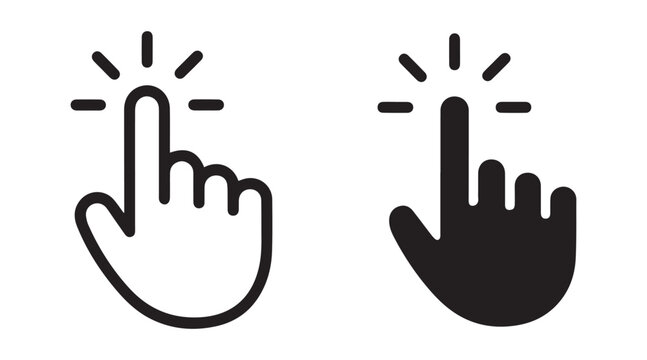Simple black and white icons showing a hand clicking upwards and downwards, suitable for website buttons, apps, or any digital interface requiring user interaction.