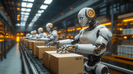 Automated Warehouse with Robotic Arms Handling Packages on a Conveyor System