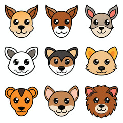 Cute cartoon dog faces, colorful breed illustrations, chihuahua, jack russell, husky, pomeranian, rottweiler, corgi, tiger-striped dog, brown puppy, chow chow, simple vector style, round head shapes
