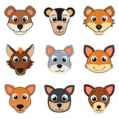 Cute cartoon animal faces, smiling expressions, round eyes, simplified features, colorful characters, bear, dog, fox, wolf, mouse, cat, chihuahua, diverse animals, child-friendly style, sticker set de