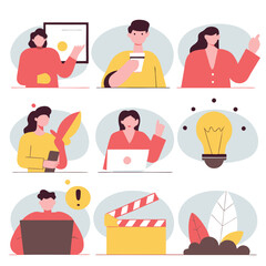 Colorful cartoon illustrations, diverse characters, professional activities, office workers, creative professionals, digital devices, laptops, smartphones, light bulb idea, movie clapperboard