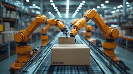 Automated Warehouse with Robotic Arms Handling Packages on a Conveyor System