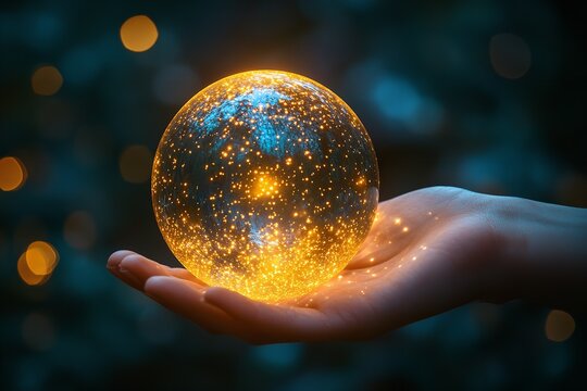 In the digital age of reviews and ratings, consumers' thoughts and experiences are visually represented by stars in this magical hand-held starry light globe with warm bokeh glow. Generative Ai