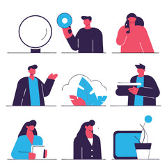 Flat illustration, tech communication concepts, minimalist characters, social media icons, digital devices, cloud computing, wireless technology, modern office workers, vibrant color accents