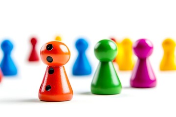 Colorful game pawns on white background representing diversity, inclusion, and strategy concept