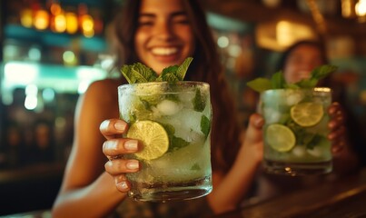 Happy friends celebrating party toasting mojito drinks at cocktail bar restaurant - Young people having fun drinking cocktails on happy hour at pub - Beverage and youth