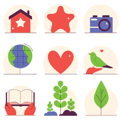 Flat design icons, colorful illustrations, simple shapes, house, star, camera, globe, heart, bird, book, plant, leaf, minimalist style, paper texture background, red and blue palette, cute graphics, v