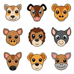Cute cartoon dog faces, colorful animal emojis, diverse dog breed icons, kawaii pet illustrations, chibi canine characters, round animal stickers, simplified dog head designs, expressive puppy faces