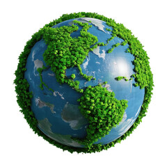 A vibrant 3D model of Earth, green vegetation, eco-friendly, environmental concept, completely covered with a dense layer of lush green foliage with transparent background.