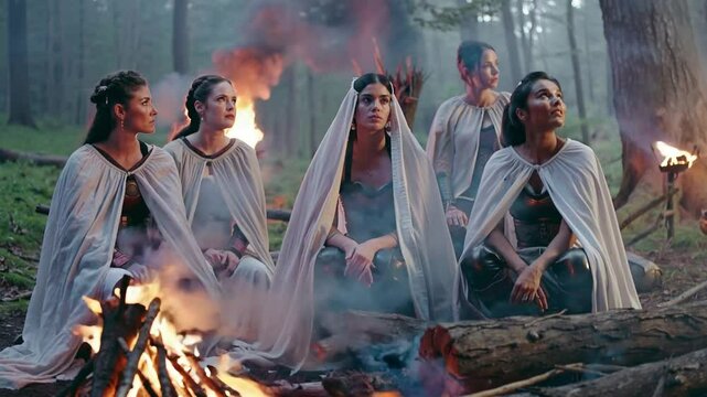 Fantasy Women Around Fire in Mystic Forest. Warriors in Capes at Ritual Gathering
