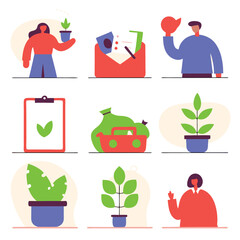 Flat colorful icons, minimalist design, plant growth, office supplies, potted plants, watering can, envelope, clipboard, piggy bank, human figures, green leaves, red and blue colors, simple shapes