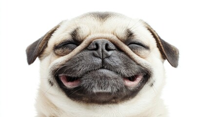 Obraz premium Close-up shot of a fluffy Pug with a wrinkled face and playful expression, isolated on white.