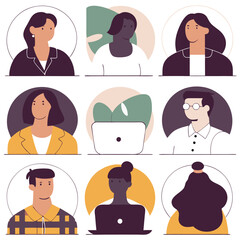 Diverse portraits, minimalist illustrations, faceless characters, geometric backgrounds, varied skin tones, different hairstyles, professional attire, casual clothing, laptop user, circular frames