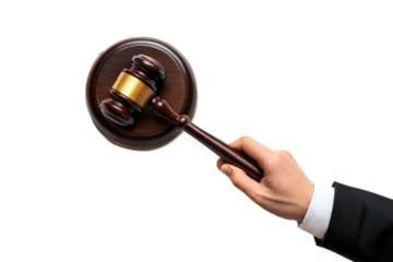 A hand in a business suit holds a judge's gavel on a wooden block against a gray background isolated on white or transparent background Generative AI