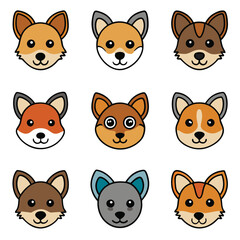 Cute cartoon dog faces, kawaii animal icons, colorful canine avatars, simple fox illustrations, chibi puppy designs, diverse dog breed emojis, minimalist pet portraits, round animal stickers, adorable
