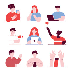 Minimalist cartoon illustrations, diverse people using technology, mobile phones, laptops, and tablets, social media activities, vibrant hair colors, simple geometric shapes, flat design style, limite