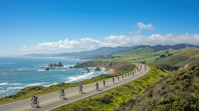 Cyclists competing in a race along a coastal road with stunning ocean views.