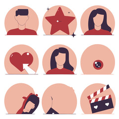Minimalist icon set, social media avatars, pink and red color scheme, flat design, circular frames, star symbol, heart icon, movie clapperboard, profile silhouettes, simple geometric shapes