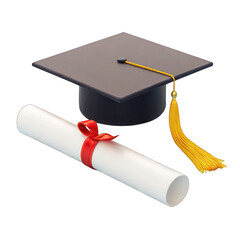 graduation cap, diploma scroll, red ribbon, yellow tassel, isolated on transparent background 