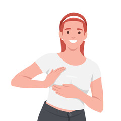 Woman Performing Breast Self Exam Gesture, breast self examination, promoting health awareness. Flat vector illustration isolated on white background
