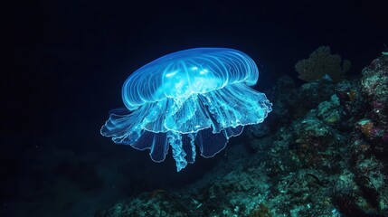 Obraz premium Bioluminescent jellyfish in coral reef. Underwater night scene. Stock photo
