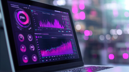 High tech analytics dashboard with vibrant UI elements and graphs