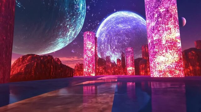 Futuristic neon city glowing vibrantly under alien planets, featuring an intergalactic road leading into a breathtaking, otherworldly landscape filled with imaginative architecture