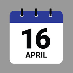 Vector illustration of a calendar icon showing dates and events. APRIL 16 Calendar Icon – Flat Design, Minimalist Date Illustration