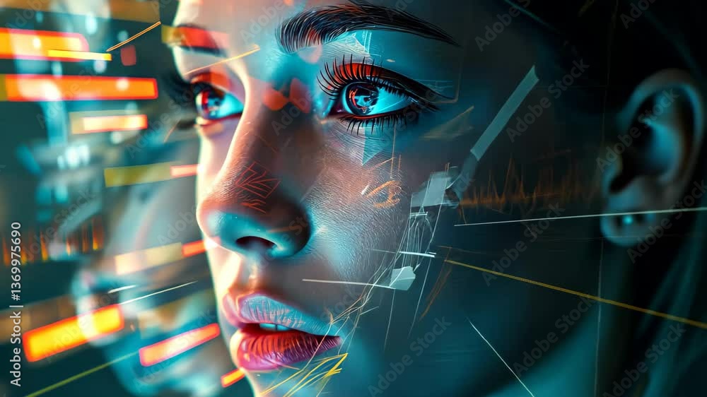 Poster a contemplative young woman gazes into the distance, surrounded by a swirling array of colorful digi