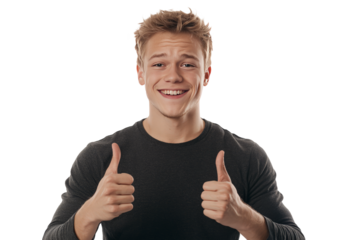 Confident young man blinking his fingers with a smile, expressive and engaging, isolated on white