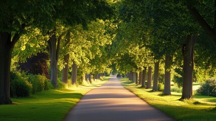 Obraz premium Serene Tree-Lined Pathway Basking in Golden Afternoon Sunlight