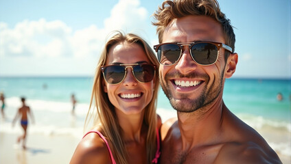 Obraz premium Young couple standing on a beach with the ocean in the background.