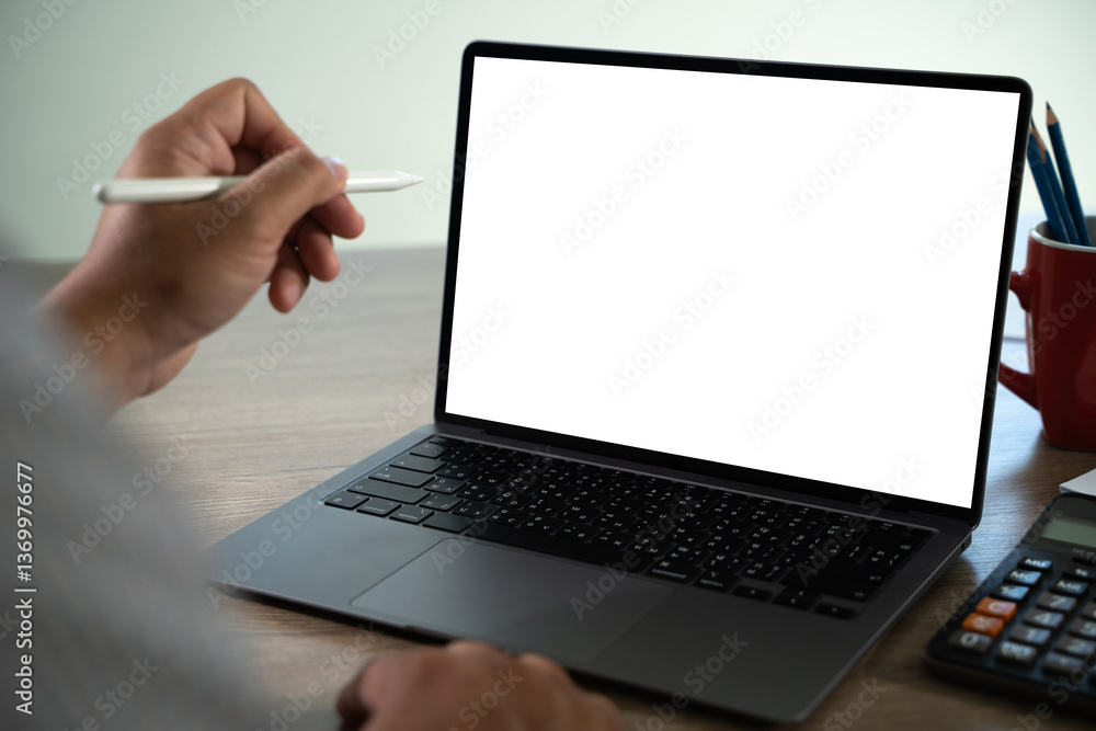 Poster young man working businessman using a desktop computer of the blank screen.